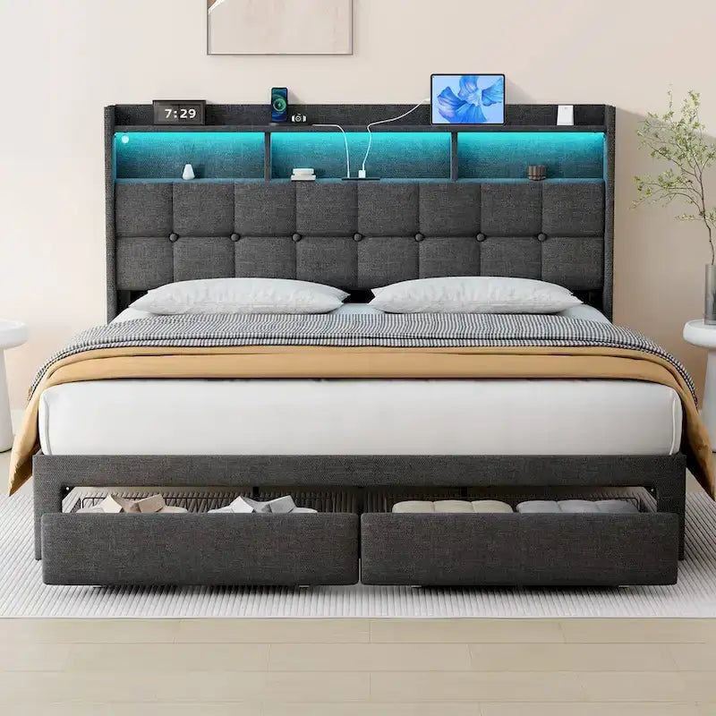 King Size Platform Bed with Fast Charging Station & Storage Headboard , RGB Lighting, 20W USB Ports