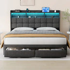 King Size Platform Bed with Fast Charging Station & Storage Headboard , RGB Lighting, 20W USB Ports