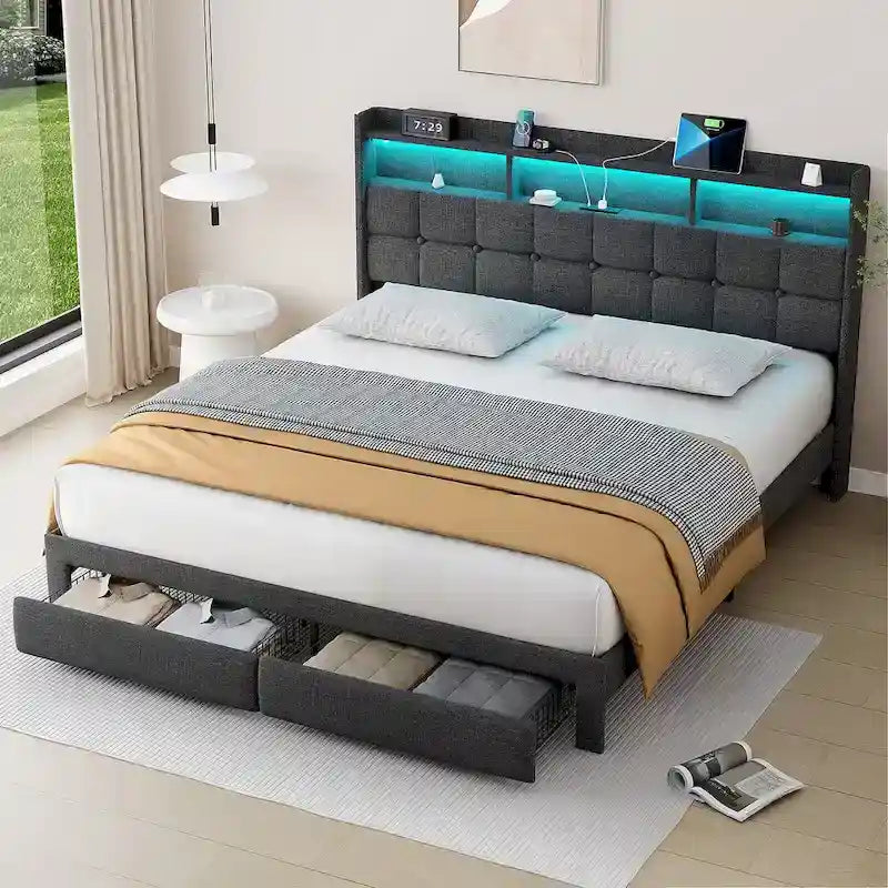 King Size Platform Bed with Fast Charging Station & Storage Headboard , RGB Lighting, 20W USB Ports