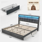 King Size Platform Bed with Fast Charging Station & Storage Headboard , RGB Lighting, 20W USB Ports