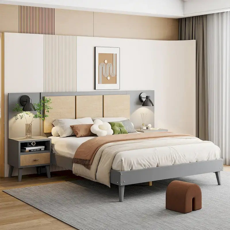 Queen Size Solid Wood Platform Bed Frame with Built-In Nightstands And Headboard Lamps