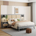 Queen Size Solid Wood Platform Bed Frame with Built-In Nightstands And Headboard Lamps