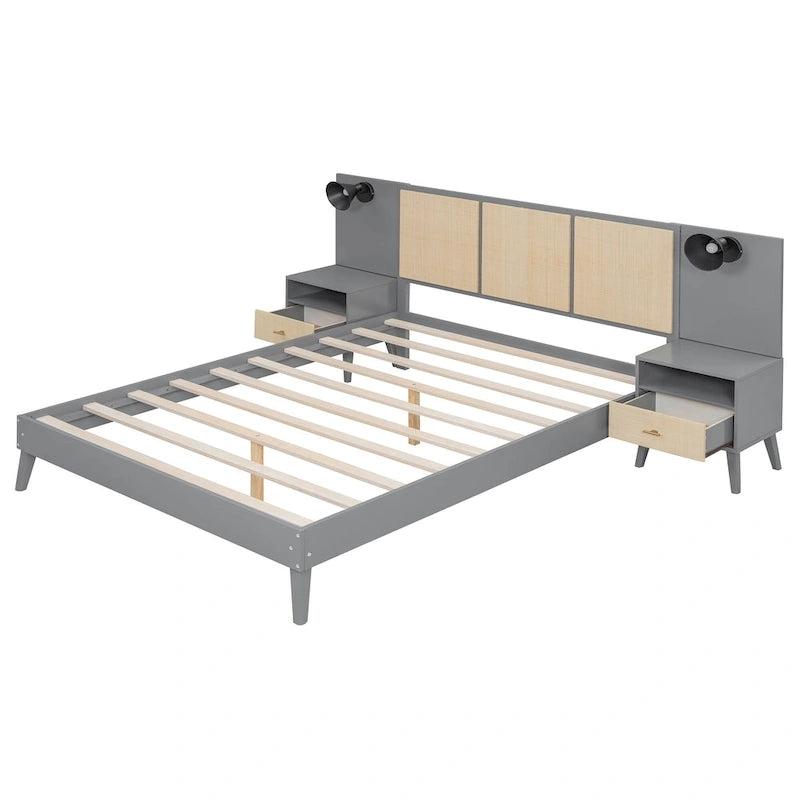 Queen Size Solid Wood Platform Bed Frame with Built-In Nightstands And Headboard Lamps