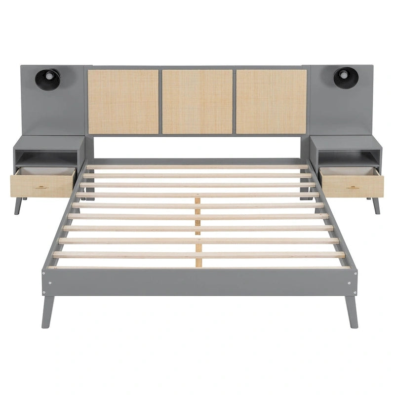 Queen Size Solid Wood Platform Bed Frame with Built-In Nightstands And Headboard Lamps