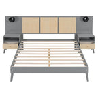 Queen Size Solid Wood Platform Bed Frame with Built-In Nightstands And Headboard Lamps