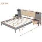 Queen Size Solid Wood Platform Bed Frame with Built-In Nightstands And Headboard Lamps