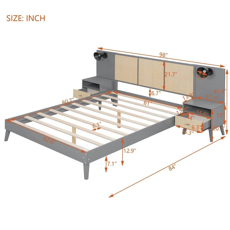 Queen Size Solid Wood Platform Bed Frame with Built-In Nightstands And Headboard Lamps