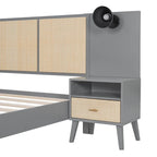 Queen Size Solid Wood Platform Bed Frame with Built-In Nightstands And Headboard Lamps