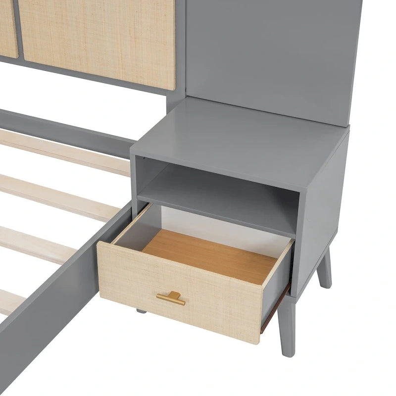 Queen Size Solid Wood Platform Bed Frame with Built-In Nightstands And Headboard Lamps