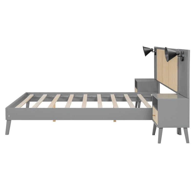 Queen Size Solid Wood Platform Bed Frame with Built-In Nightstands And Headboard Lamps