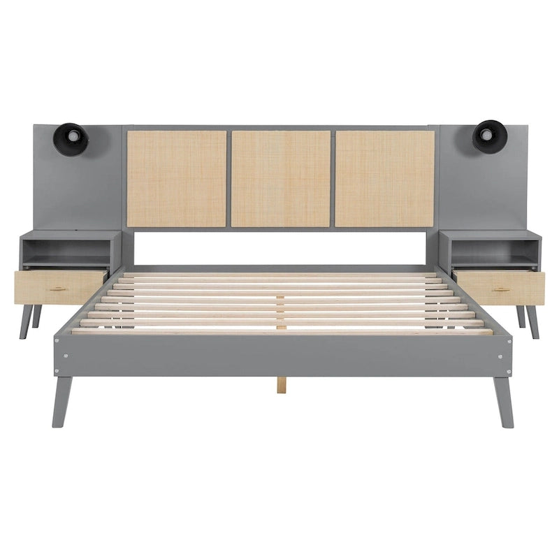 Queen Size Solid Wood Platform Bed Frame with Built-In Nightstands And Headboard Lamps