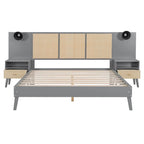 Queen Size Solid Wood Platform Bed Frame with Built-In Nightstands And Headboard Lamps