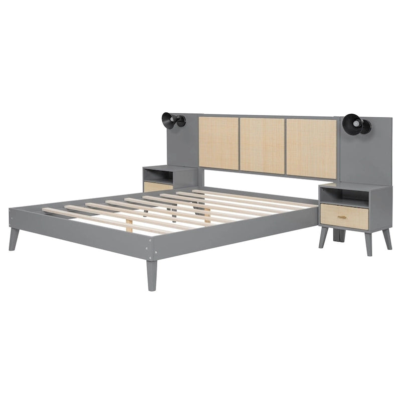 Queen Size Solid Wood Platform Bed Frame with Built-In Nightstands And Headboard Lamps