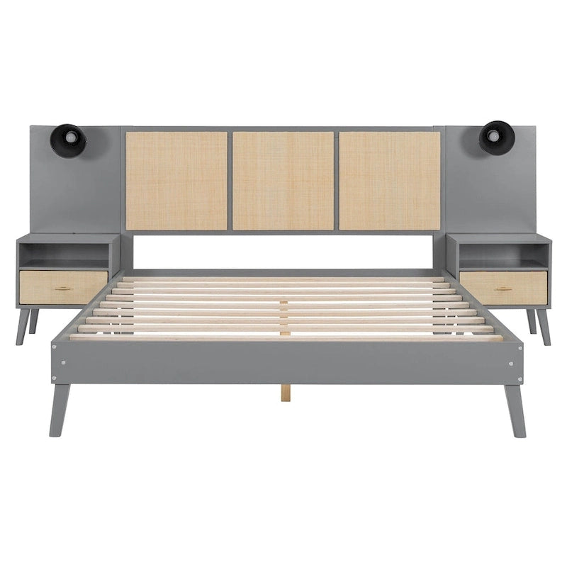 Queen Size Solid Wood Platform Bed Frame with Built-In Nightstands And Headboard Lamps