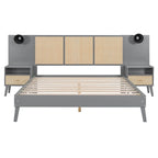 Queen Size Solid Wood Platform Bed Frame with Built-In Nightstands And Headboard Lamps