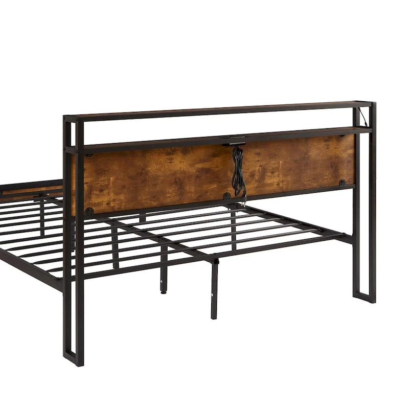 King Size Modern Metal Platform Bed with Wooden Headboard and LED Lights for Bedroom