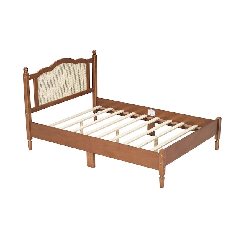 Vintage Wooden Bed with Rattan Headboard