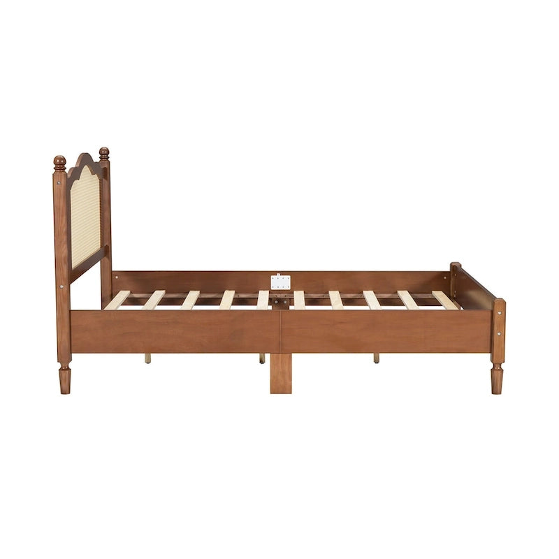 Vintage Wooden Bed with Rattan Headboard