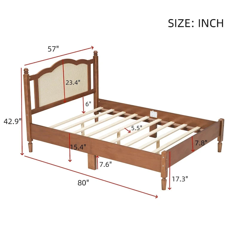 Vintage Wooden Bed with Rattan Headboard