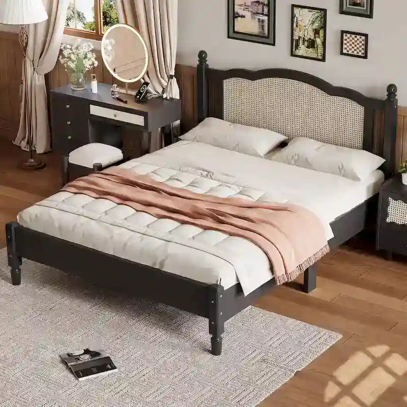 Vintage Wooden Bed with Rattan Headboard