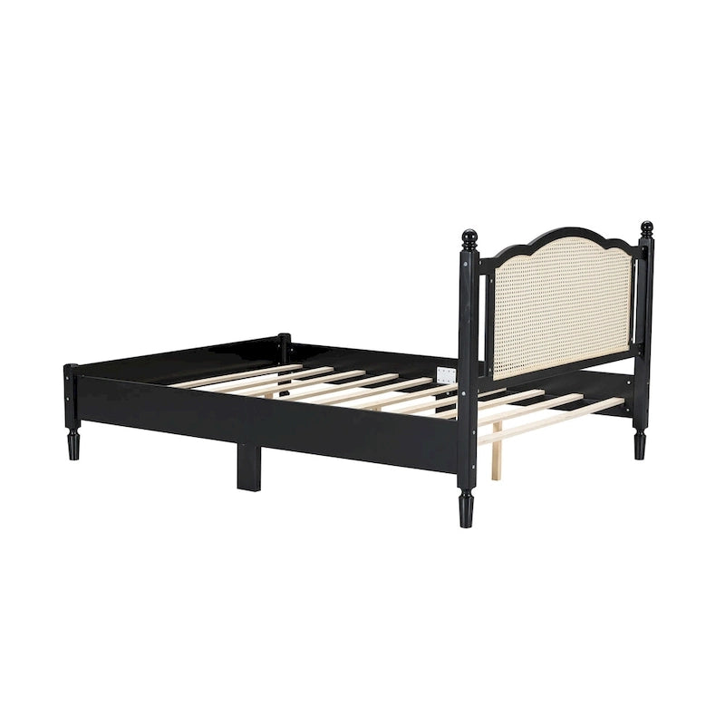 Vintage Wooden Bed with Rattan Headboard