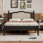 Vintage Wooden Bed with Rattan Headboard
