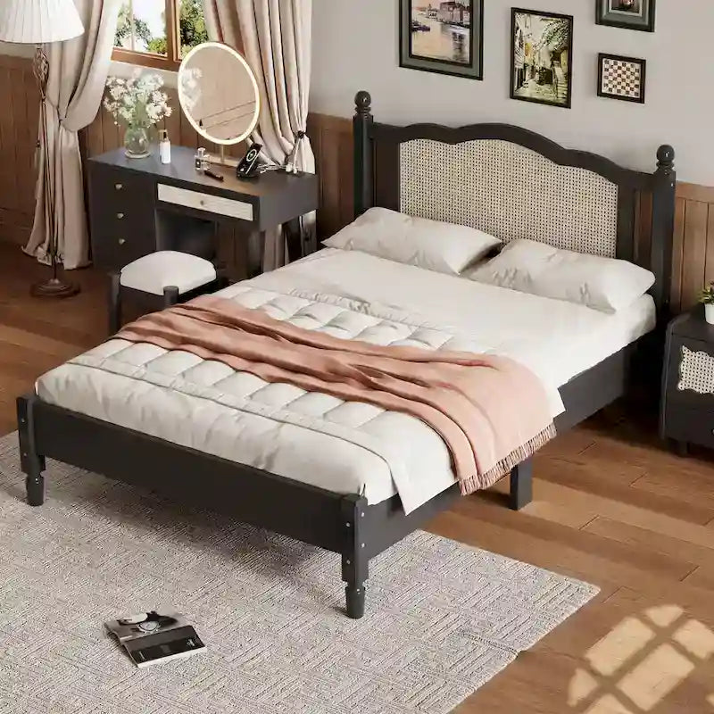 Vintage Wooden Bed with Rattan Headboard
