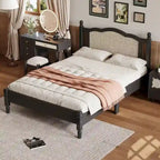 Vintage Wooden Bed with Rattan Headboard