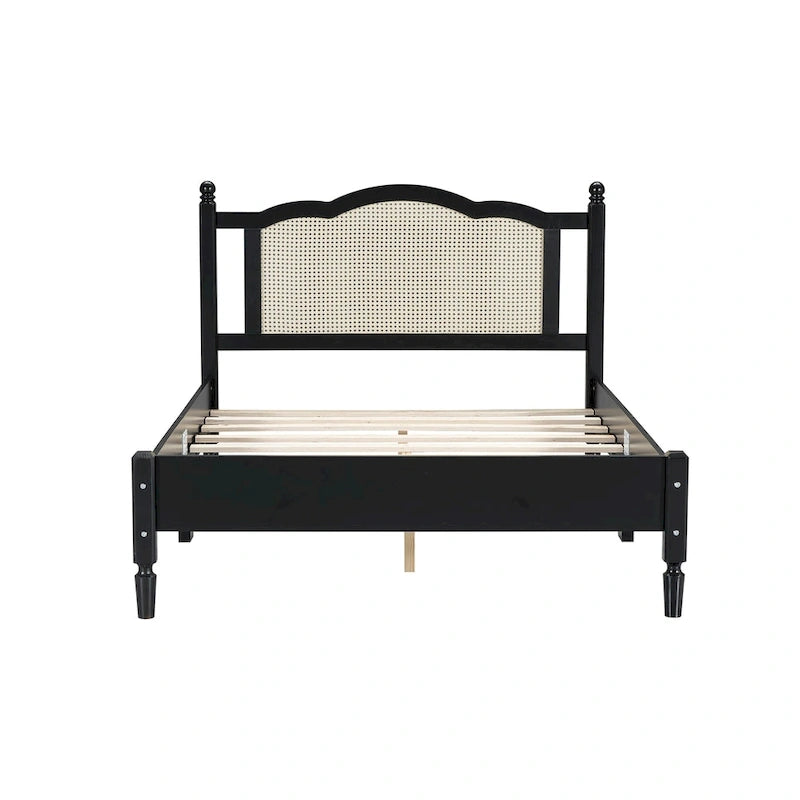 Vintage Wooden Bed with Rattan Headboard