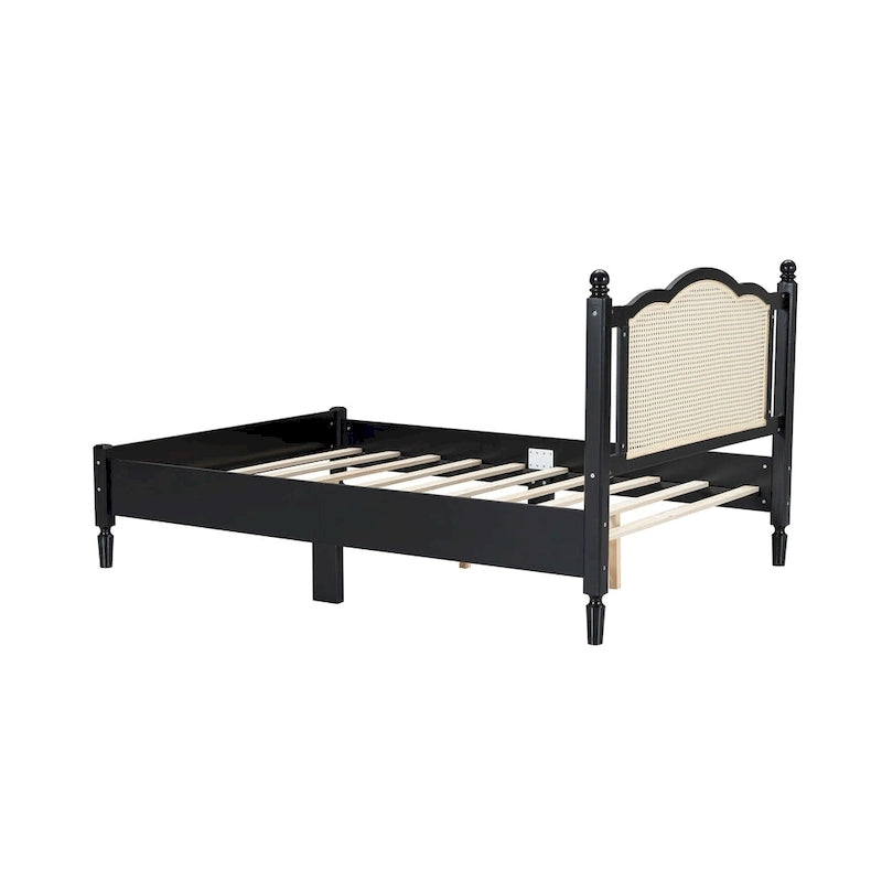 Vintage Wooden Bed with Rattan Headboard