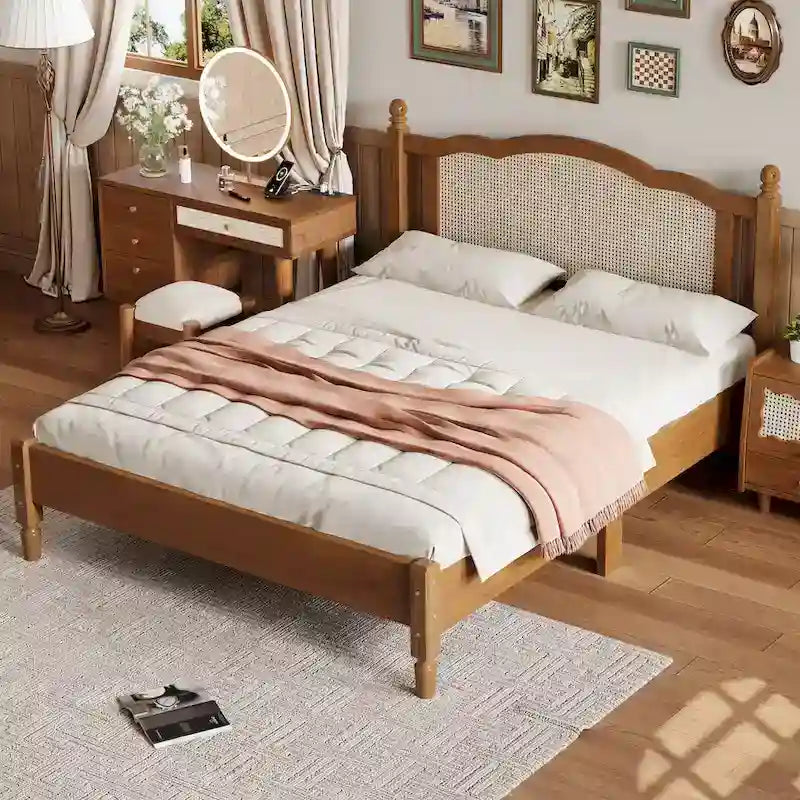 Vintage Wooden Bed with Rattan Headboard