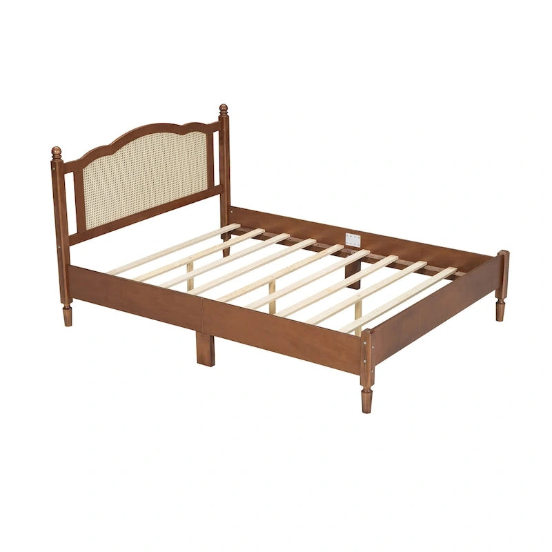 Vintage Wooden Bed with Rattan Headboard