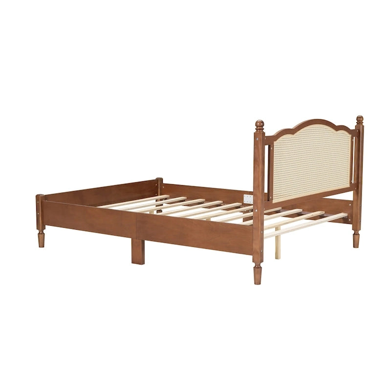 Vintage Wooden Bed with Rattan Headboard