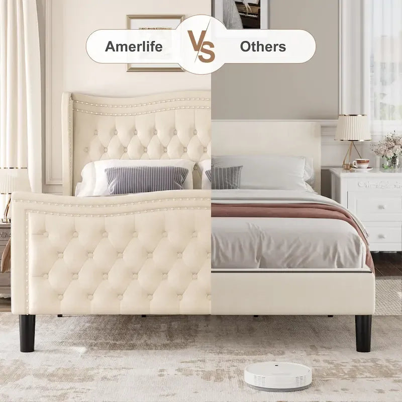 Modern Style Velvet Platform Bed with Upholstered Headboard for Bedroom