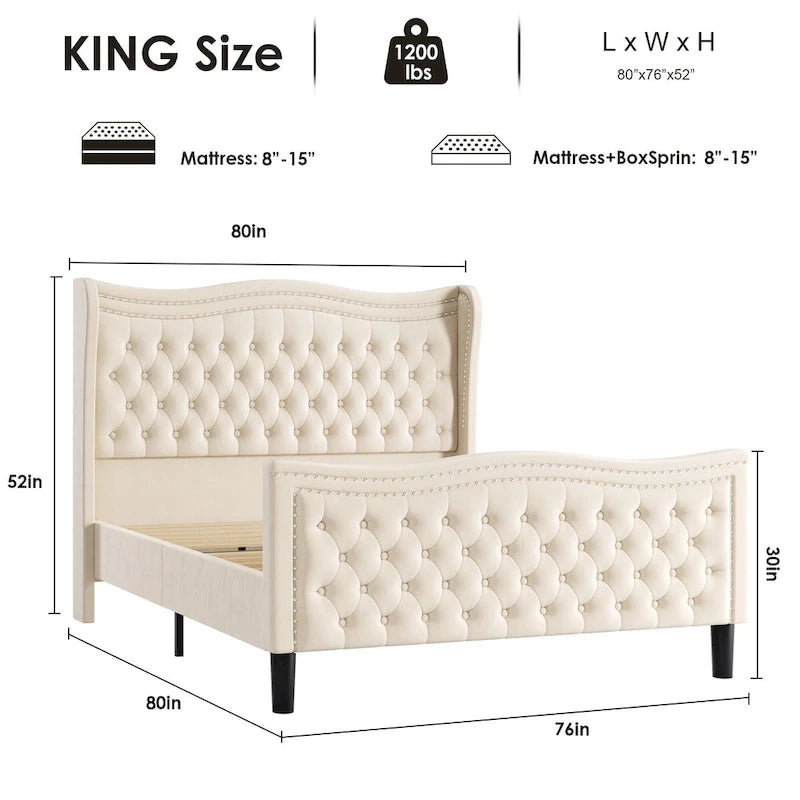 Modern Style Velvet Platform Bed with Upholstered Headboard for Bedroom