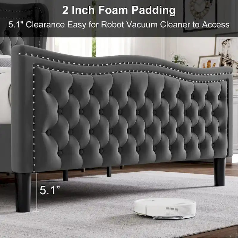 Modern Style Velvet Platform Bed with Upholstered Headboard for Bedroom