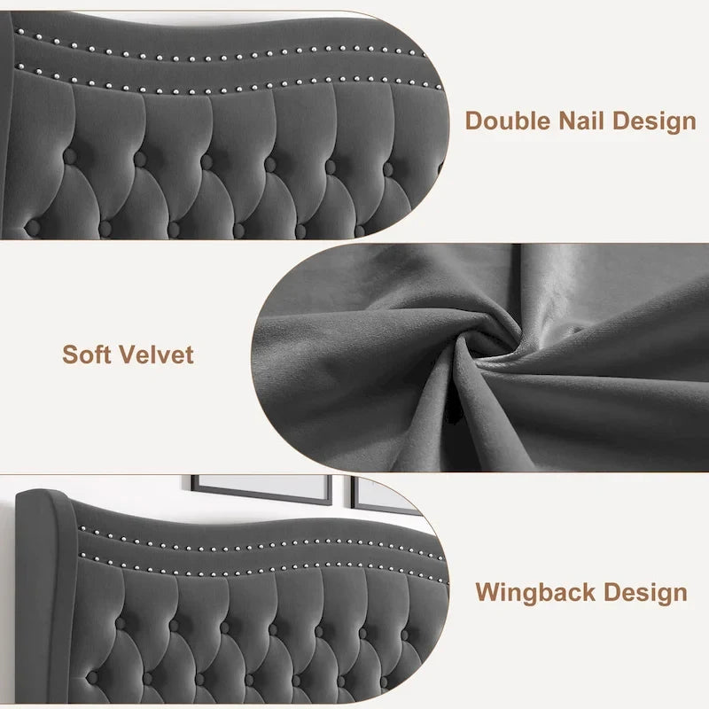 Modern Style Velvet Platform Bed with Upholstered Headboard for Bedroom