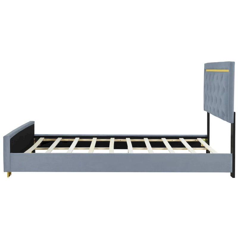 Queen Size Upholstered Platform Bed with Pull Point Headboard and Metal Wire Frame
