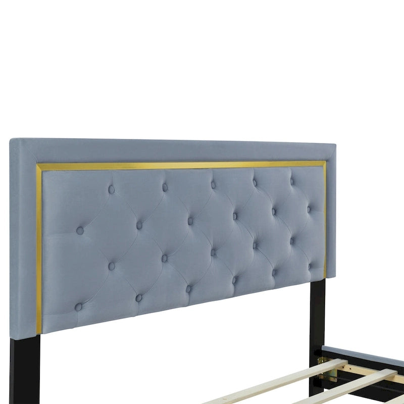 Queen Size Upholstered Platform Bed with Pull Point Headboard and Metal Wire Frame