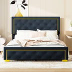 Queen Size Upholstered Platform Bed with Pull Point Headboard and Metal Wire Frame