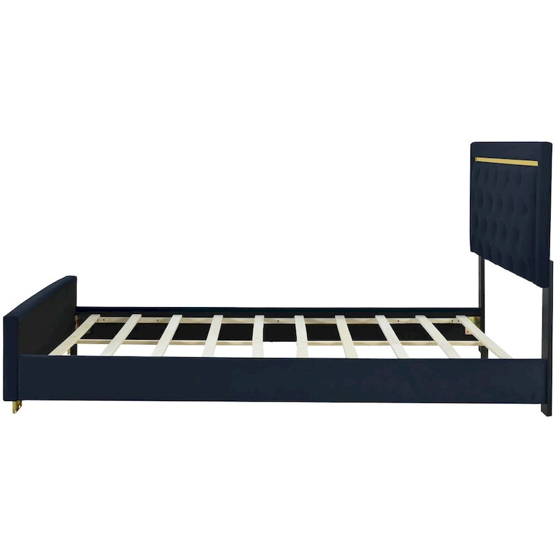Queen Size Upholstered Platform Bed with Pull Point Headboard and Metal Wire Frame