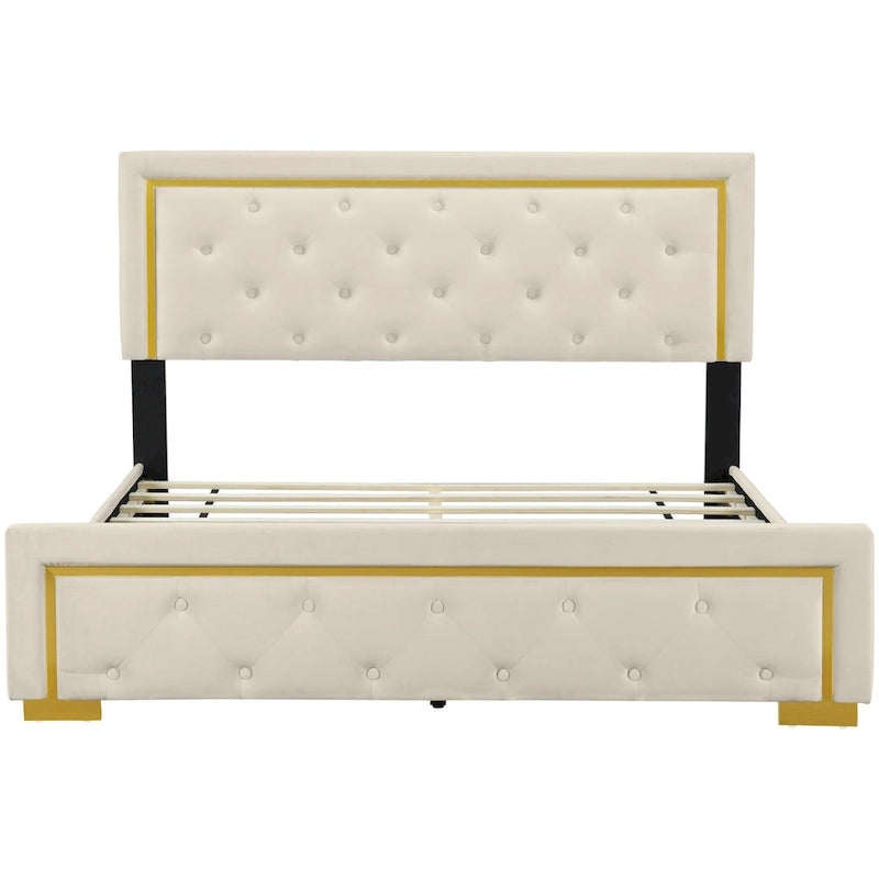 Queen Size Upholstered Platform Bed with Pull Point Headboard and Metal Wire Frame