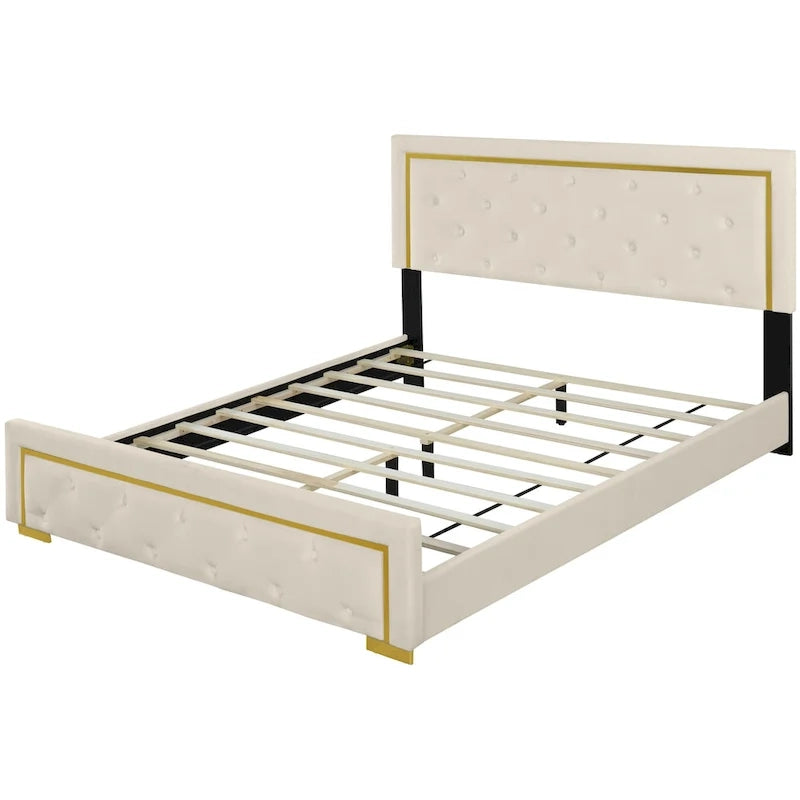 Queen Size Upholstered Platform Bed with Pull Point Headboard and Metal Wire Frame