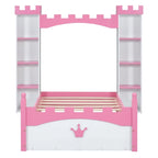 Twin Size Castle-Shaped Wooden Platform Bed with Storage Shelf for Kids Bedroom