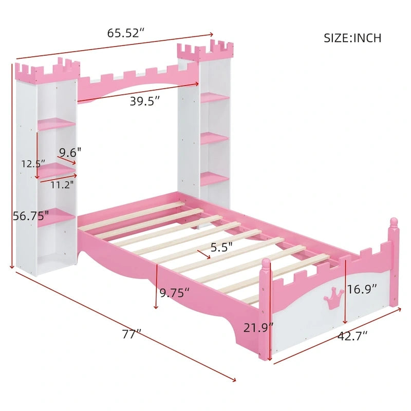 Twin Size Castle-Shaped Wooden Platform Bed with Storage Shelf for Kids Bedroom