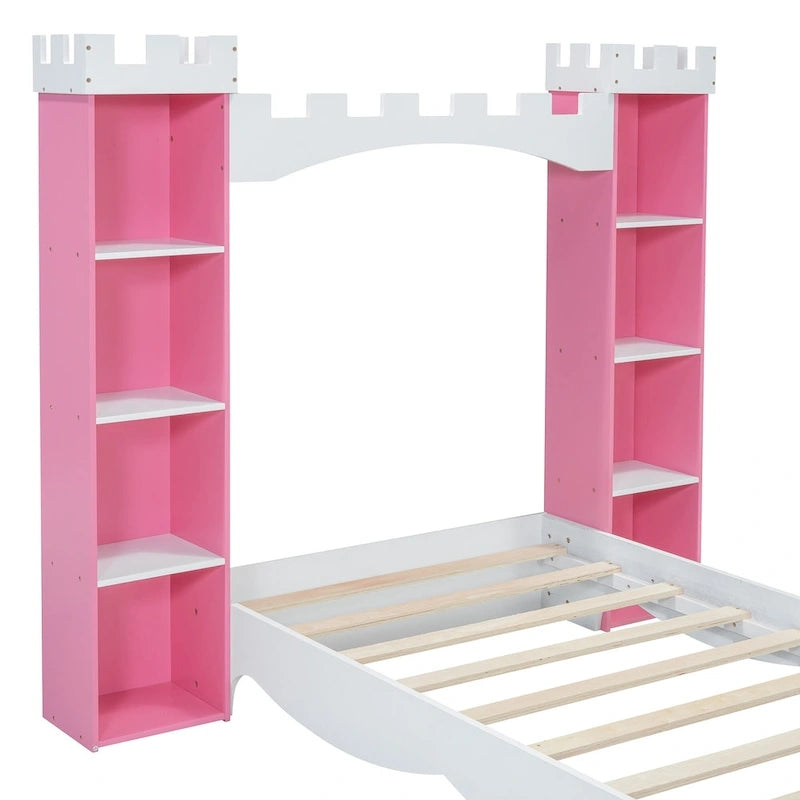 Twin Size Castle-Shaped Wooden Platform Bed with Storage Shelf for Kids Bedroom