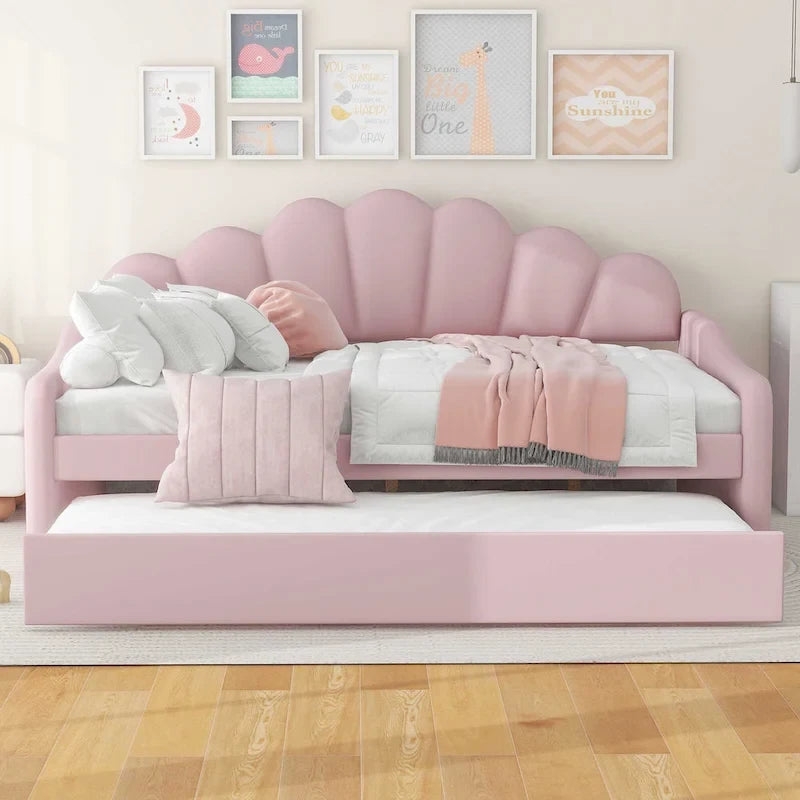 Full Size Upholstered Daybed with Shell Backrest and Trundle