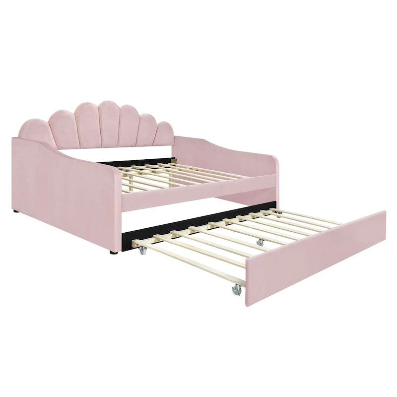 Full Size Upholstered Daybed with Shell Backrest and Trundle