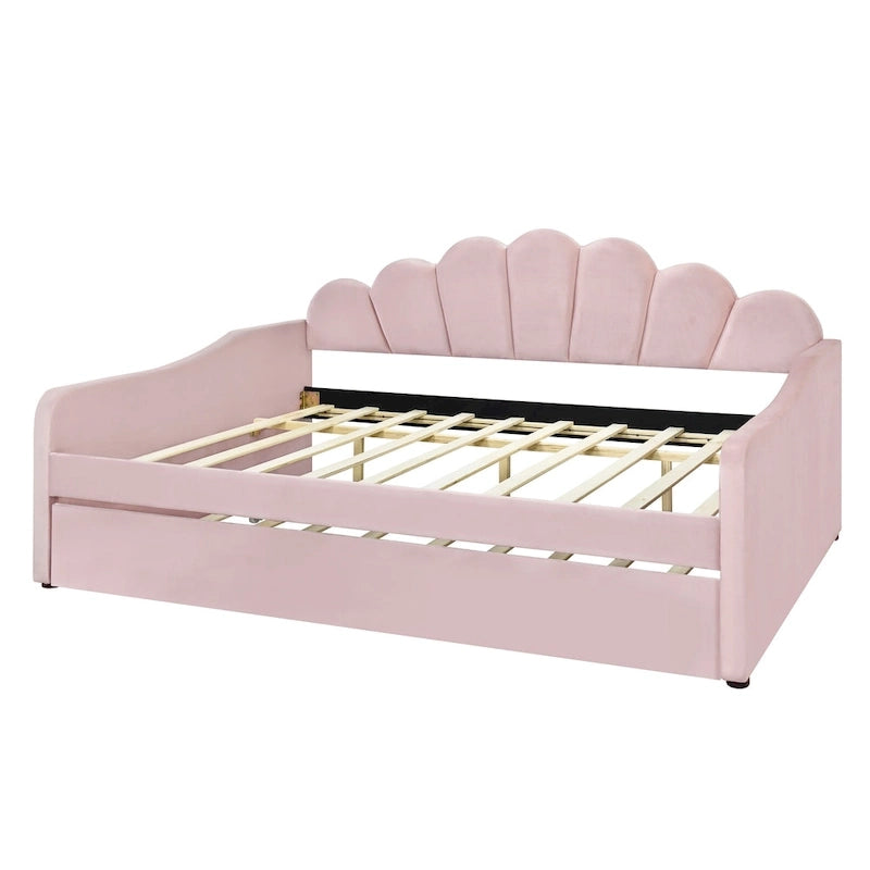 Full Size Upholstered Daybed with Shell Backrest and Trundle