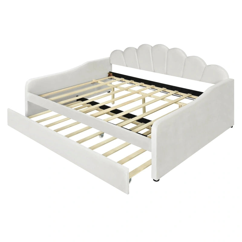 Full Size Upholstered Daybed with Shell Backrest and Trundle